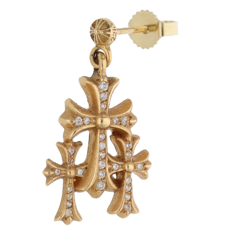 クロムハーツ Chrome Hearts 22K 3 CH CROSS DROP P D トリプルCHクロス PAVEダイヤ ゴールドピアス(イエローゴールド...