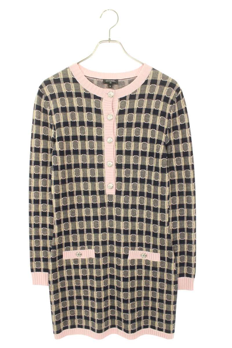 シャネル CHANEL サイズ:36 P71379K10265 ラインストーンロゴボタンワンピース(ブラウン調×ピンク)【207052】【BS99】【レディース】【中古】bb339#rinkan*B
