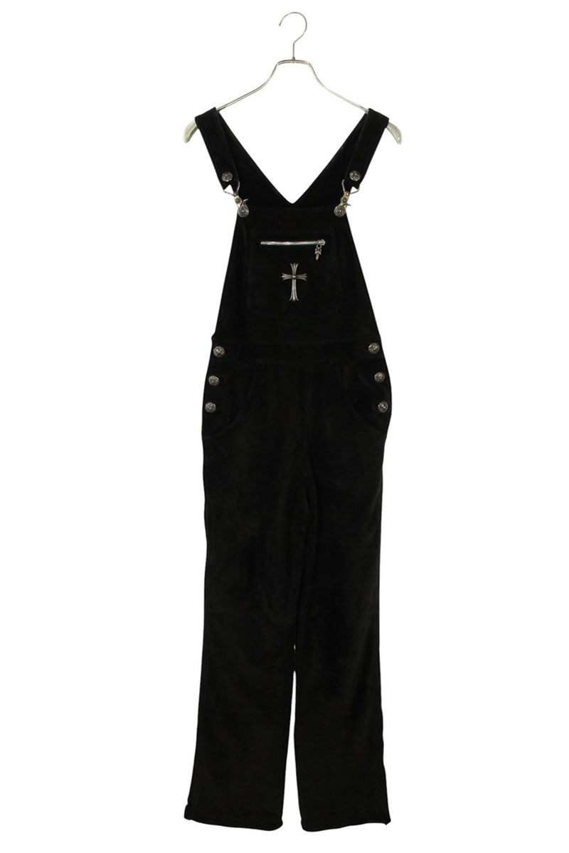 クロムハーツ Chrome Hearts サイズ:S OVERALL ラージクロス装飾スエードレザーオーバーオール(ブラック×シルバー)【826052】【SJ0...