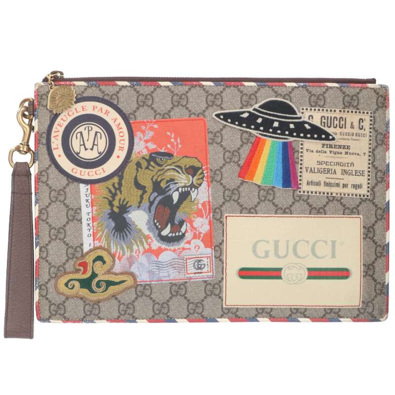 グッチ GUCCI　 473915 GGスプリームマルチパッチワッペンクラッチバッグ(ベージュ調)【207052】【BS99】【小物】【中古】bb380#rinkan*B