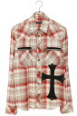 クロムハーツ Chrome Hearts サイズ:XS ラージクロスパッチ付きダガージップチェック長袖シャツ(レッド調×シルバー)【307052】【SJ02】【...