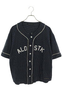オールウェイズアウトオブストック ALWAYS OUT OF STOCK サイズ:M ロゴストライプ刺繍ベースボール半袖シャツ(ネイビー)【807052】【BS99】【メンズ】【中古】bb223#rinkan*B