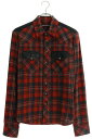 クロムハーツ Chrome Hearts サイズ:S WESTN ウエスタンボタン 袖クロスパッチレザー切替クロスボールボタンチェック長袖シャツ(レッド×ブラック)【117052】【SJ02】【メンズ】【中古】bb17#rinkan*B