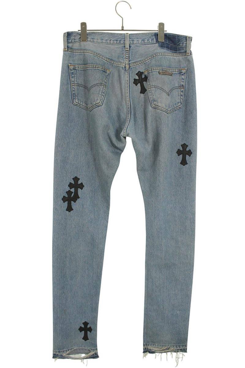 クロムハーツ Chrome Hearts　×ギャラリーデプト GALLERY DEPT サイズ:33インチ クロスパッチ付きカットオフデニムパンツ(インディゴ×ブラック)【827052】【SJ02】【メンズ】【中古】bb396#rinkan*B