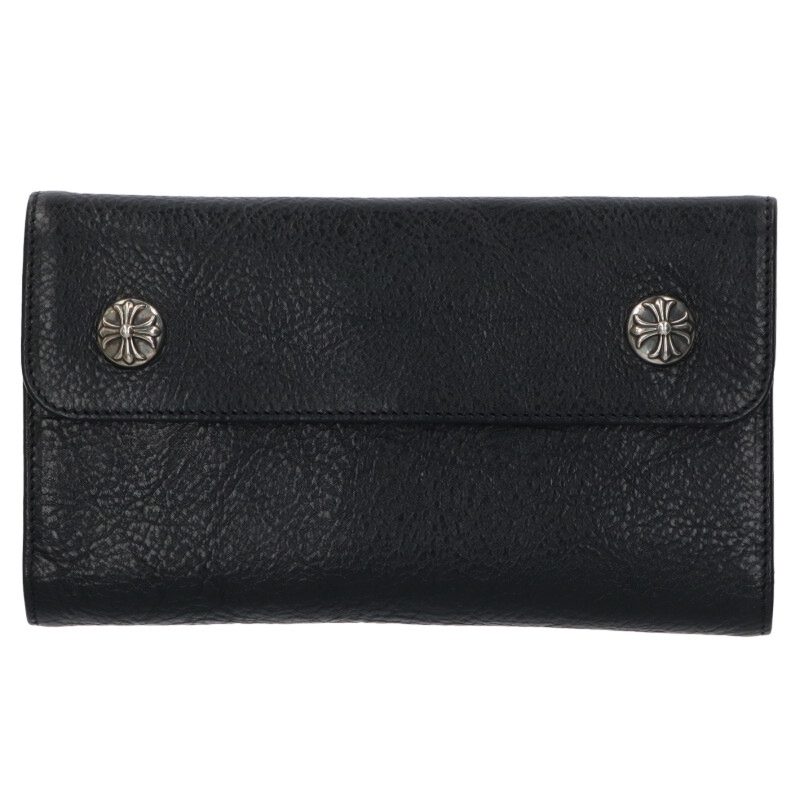 クロムハーツ Chrome Hearts WAVE CROSS BALL ウェーブ クロスボールボタンレザーウォレット財布(ブラック×シルバー)【629052...