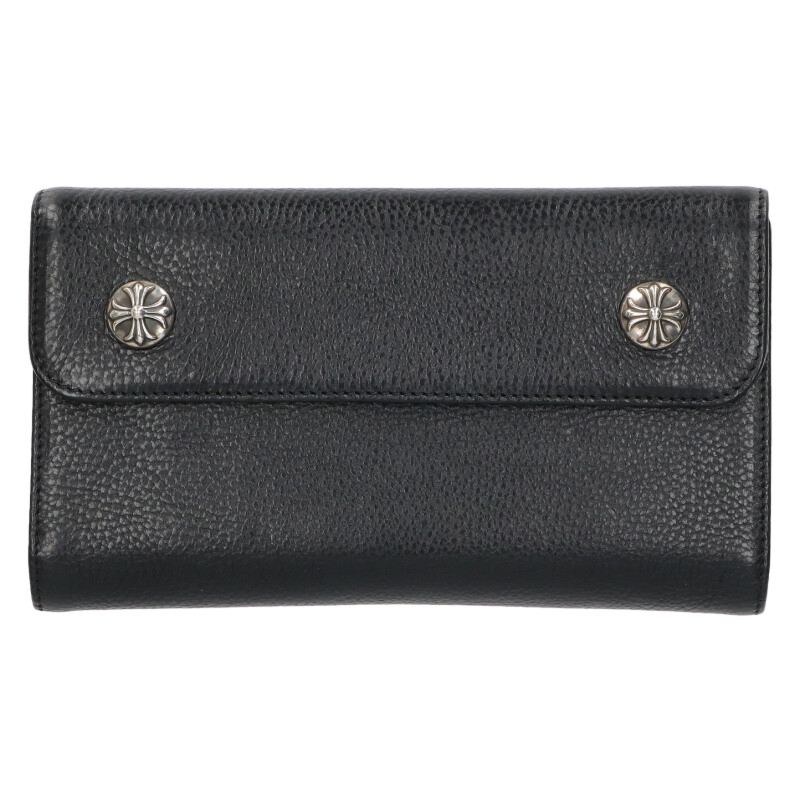 クロムハーツ Chrome Hearts WAVE CROSS BALL ウェーブ クロスボールボタンレザーウォレット財布(ブラック×シルバー)【908052...