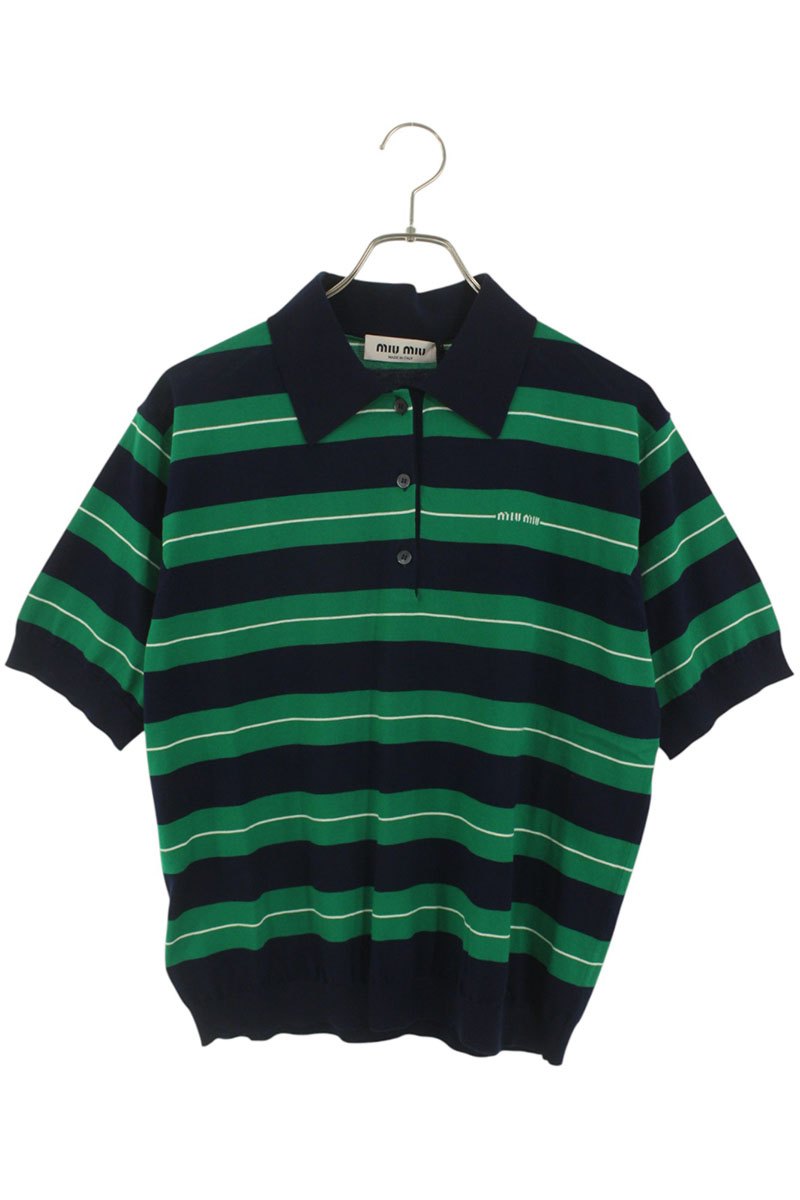 ミュウミュウ miumiu サイズ:40 25AW MMLB33 コットン ニット半袖ポロシャツ(グリーン×ネイビー)【418052】【SB01】【メンズ】【新...
