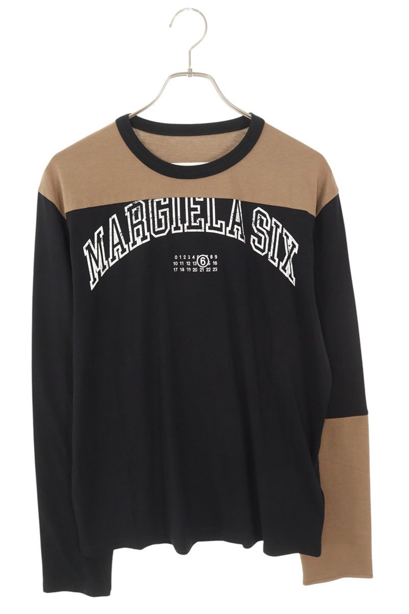 エムエムシックス MM6 サイズ:M 25SS SH0NH0010 バイカラーロゴプリント長袖カットソー(ブラック×ブラウン)【418052】【SB01】【メン...