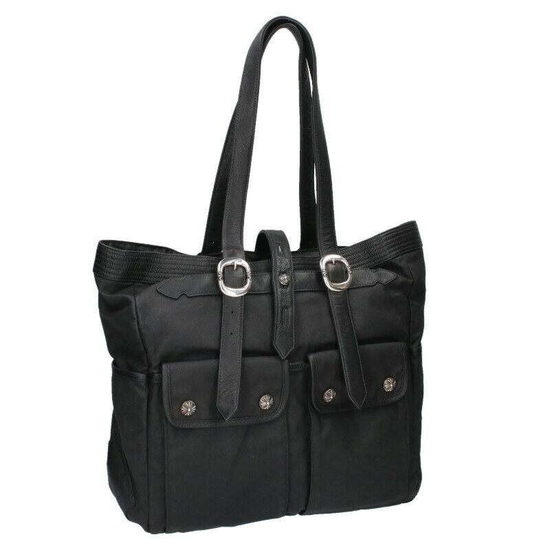 クロムハーツ Chrome Hearts　 ガンスリンガーレザーコットン切り替えトートバッグ(ブラック×シルバー)【109052】【GZ11】【小物】【中古】bb389#rinkan*B(4)