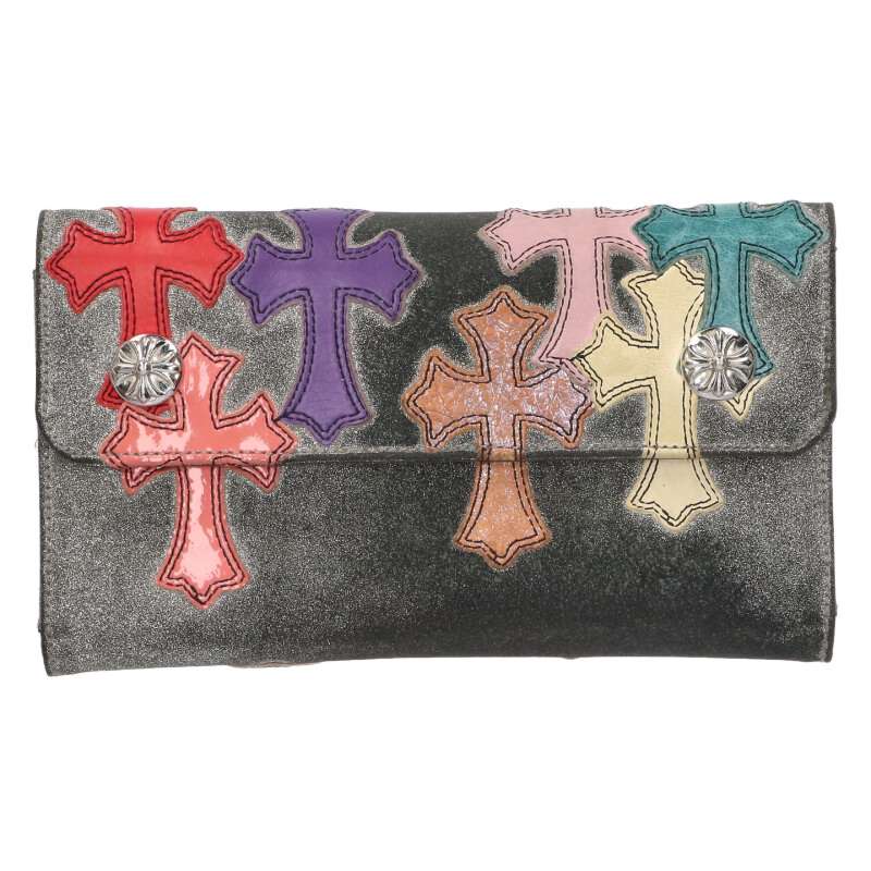 クロムハーツ Chrome Hearts WAVE CROSS PATCH ウェーブ クロスパッチ付クロスボタングリッターレザーウォレット財布(シルバー×マル...