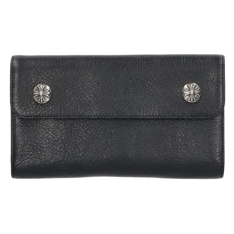 クロムハーツ Chrome Hearts WAVE CROSS BALL ウェーブ クロスボールボタンレザーウォレット財布(ブラック×シルバー)【818052...