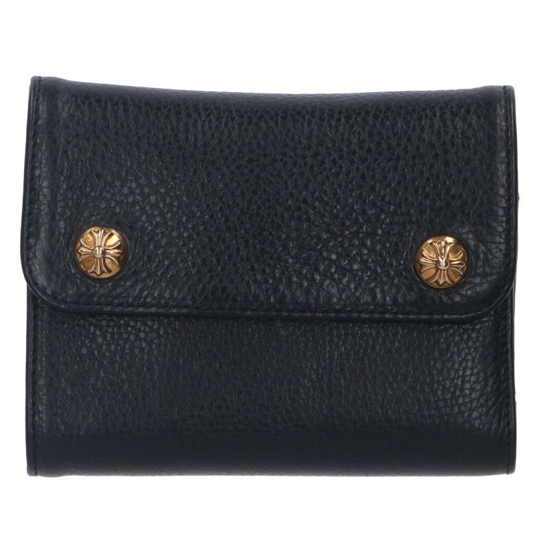 クロムハーツ Chrome Hearts 22K WAVE MINI ウェーブミニ 22Kクロスボールボタンレザーウォレットゴールド財布(ブラック×イエローゴ...