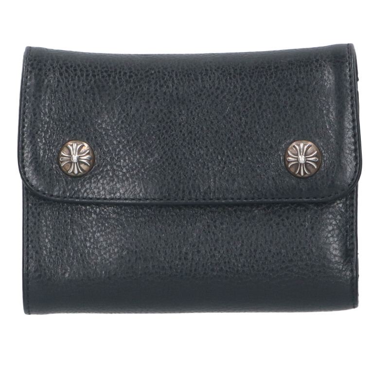 クロムハーツ Chrome Hearts WAVE MINI ウェーブミニ クロスボールボタンレザーウォレット財布(ブラック×シルバー)【609052】【OS...