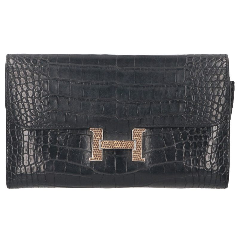 エルメス HERMES コンスタンスロング D刻印 SV金具アリゲーターマット リザード長財布(ブラック×ベージュ調×シルバー)【029052】【GZ14】【...