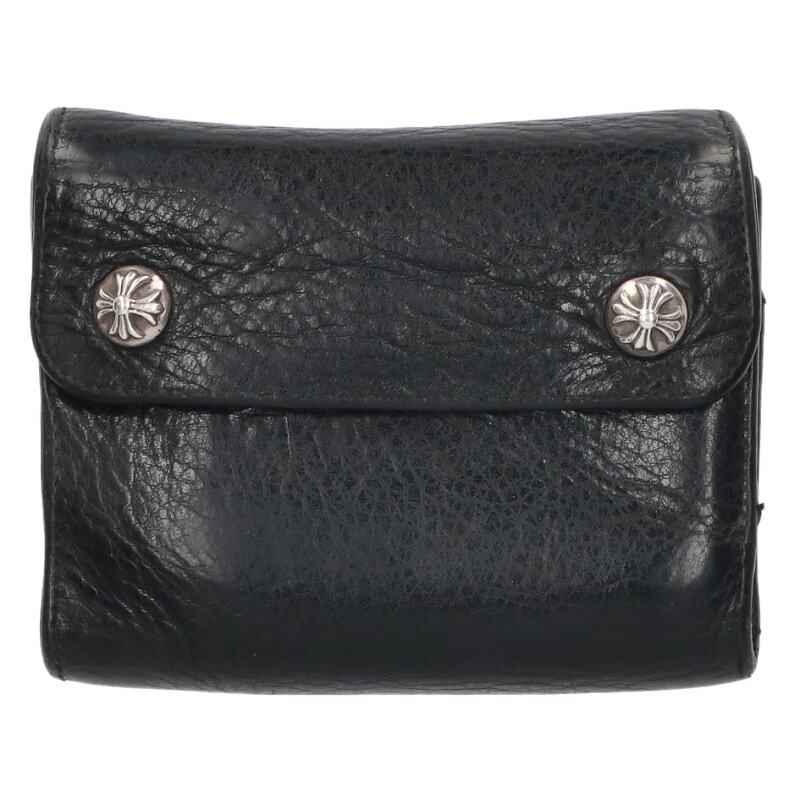 クロムハーツ Chrome Hearts WAVE MINI クロスボールボタンレザーウォレット財布(ブラック×シルバー)【800152】【GZ11】【小物】...
