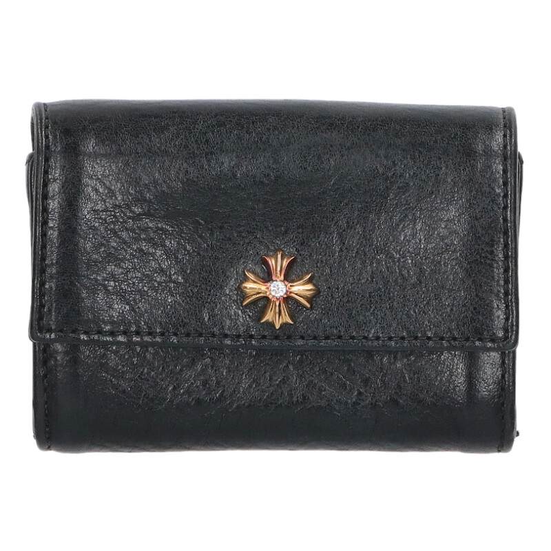 クロムハーツ Chrome Hearts 22K TINY WALLET DIA タイニーウォレット 1ダイヤ ゴールド レザー財布(ブラック×イエローゴール...