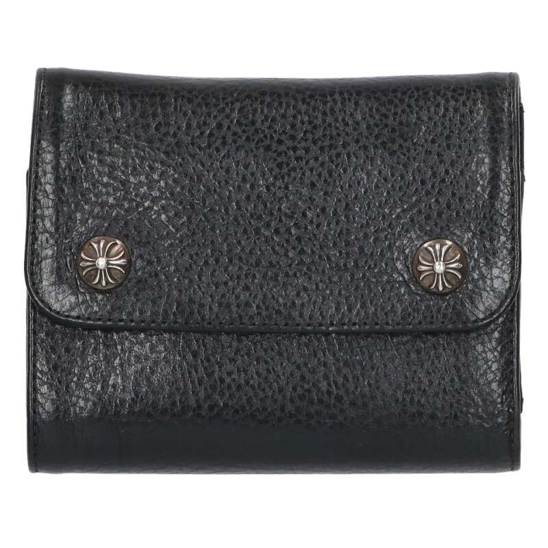 クロムハーツ Chrome Hearts WAVE MINI クロスボールボタンレザーウォレット財布(ブラック×シルバー)【110152】【NO05】【小物】...