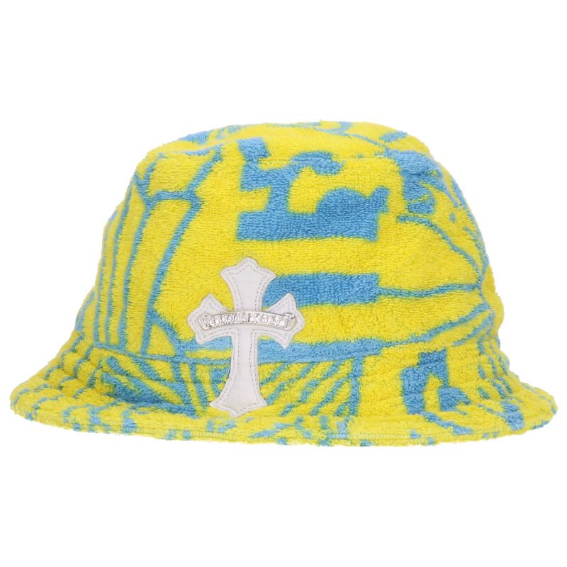 クロムハーツ Chrome Hearts サイズ:L HAT U CHUM FBRC クロスパッチ付きパイル総柄バケットハット(イエロー×ブルー)【610152...