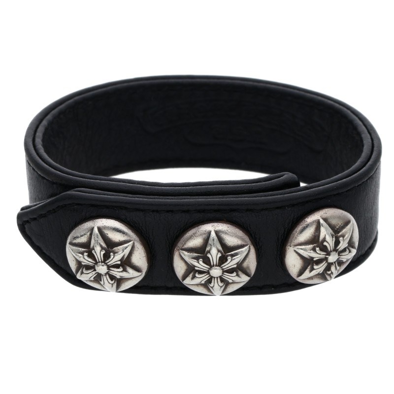 楽天RINKANクロムハーツ Chrome Hearts　 3BTN 2SNP スター3ボタン2スナップ レザーブレスレット（ブラック×シルバー 総重量37.04g）【320152】【SJ02】【小物】【中古】bb412#rinkan*B
