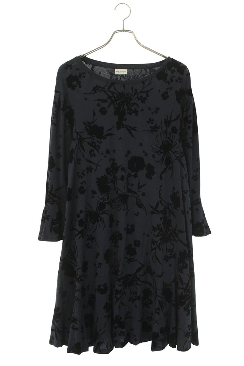 ドリスヴァンノッテン DRIES VAN NOTEN サイズ:XS フラワーフロッキープリントフレアワンピース(ネイビー)【201152】【BS99】【レディース】【中古】bb51#rinkan*B