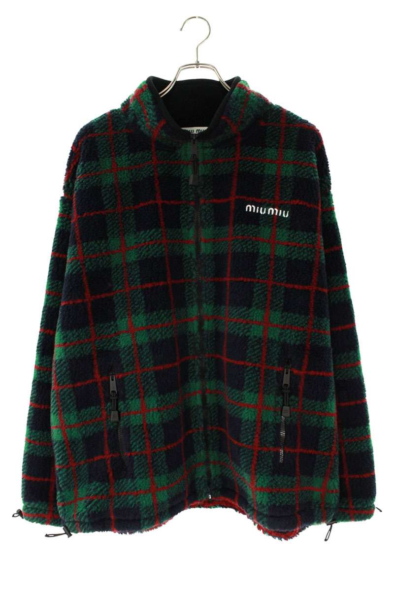 ミュウミュウ miumiu サイズ:XL MJL042 ロゴ刺繍チェックフリースジップアップブルゾン(グリーン調×ネイビー×レッド)【901152】【SB01】...