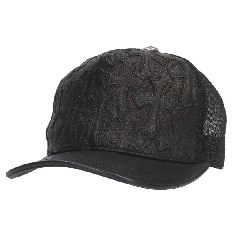 クロムハーツ Chrome Hearts サイズ:OS TRUCKER CAP CEME レザーセメタリークロスパッチメッシュキャップ(ブラック×シルバー)【3...