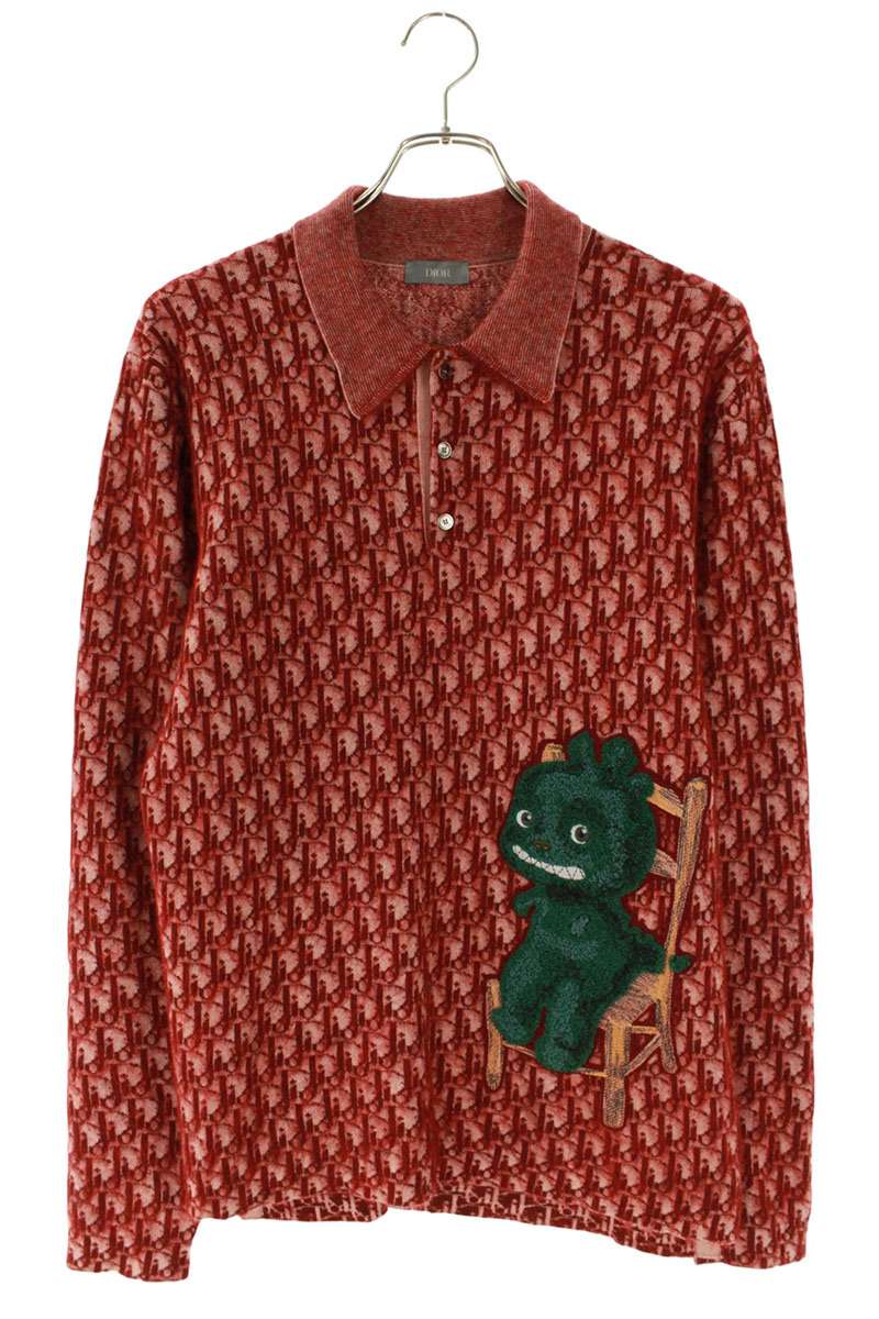 ディオール DIOR　サイズ:S 413M834AT788 オブリーク総柄キャラクターワッペンポロニット(レッド調)【3..