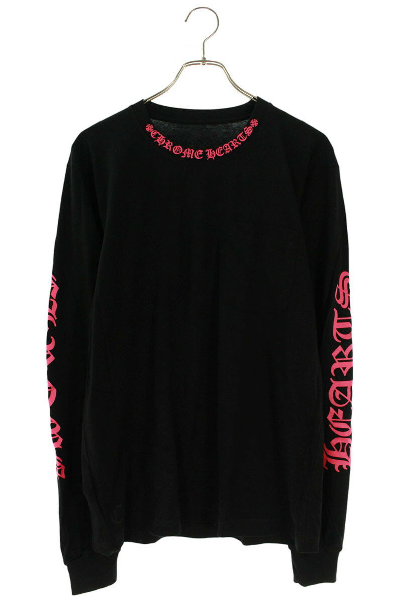 クロムハーツ Chrome Hearts　サイズ:M CH L S 1 ネックロゴプリント長袖カットソー(ブラック×ピンク)..