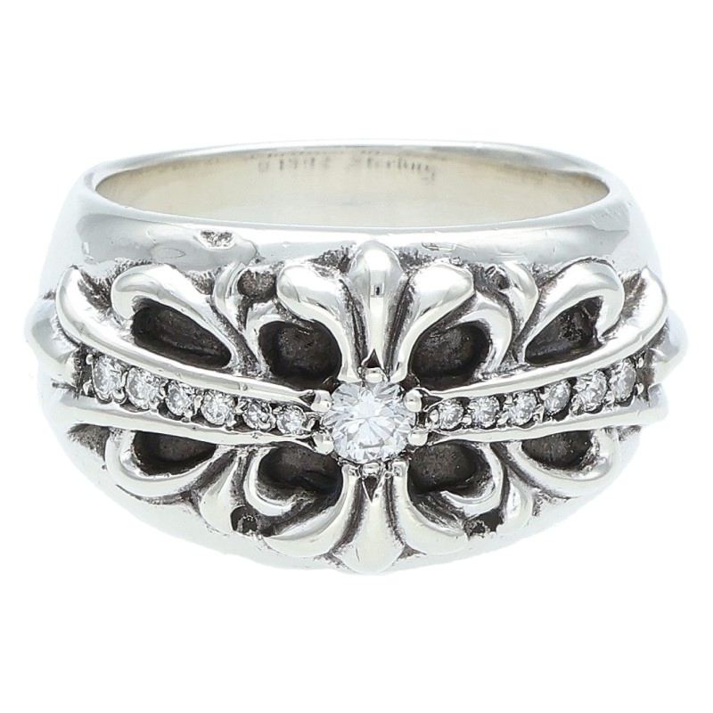 クロムハーツ Chrome Hearts サイズ:21号 FLRL CRS P DMND フローラルクロス PAVEダイヤ シルバーリング(シルバー×クリア 17.74g)【321152】【OS06】【小物】【中古】bb297#rinkan*B
