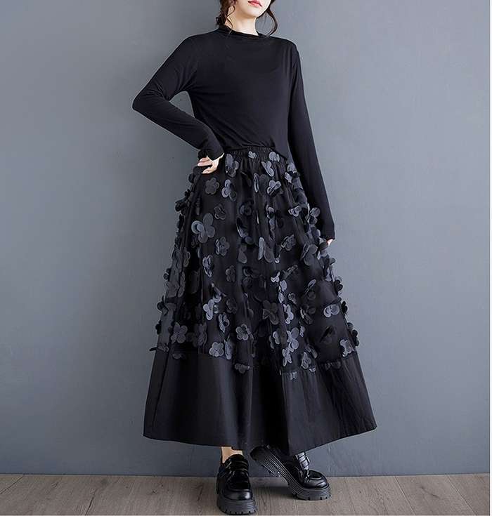 春新作 予約商品 スカート ロング 花モチーフ レイヤード風 立体装飾 エレガント 透け感 フェミニン 秋冬 ブラック 大きいサイズ レディース 大人 30代 40代 50代 春服 202411