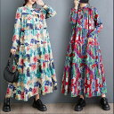 【半額 50%offクーポン対象】春新作 予約商品 ワンピース ロング丈 フラワー柄 長袖 クルーネック フレアシルエット カジュアル 大きいサイズ 秋冬 レディース レディース 大人 30代 40代 50代 春服 202411
