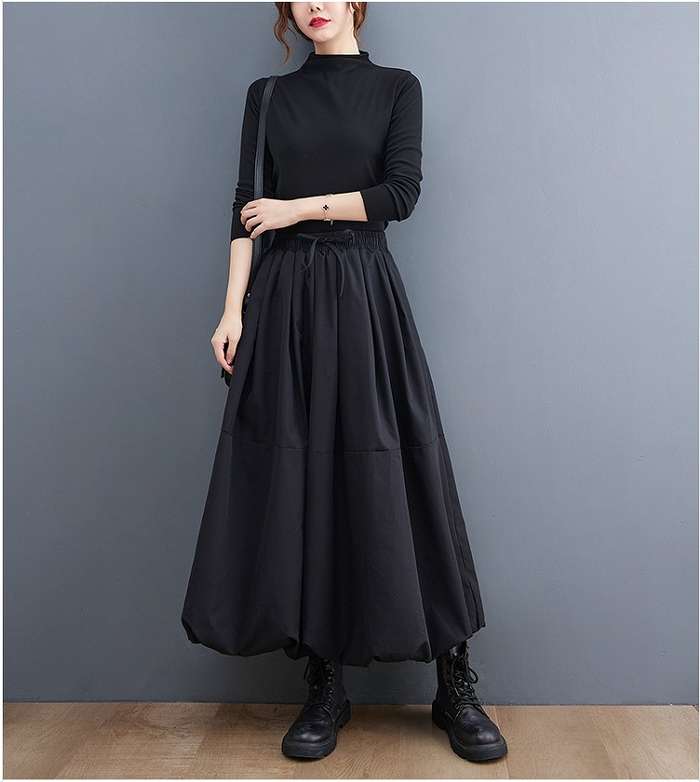 即納 大きいサイズ レディース バルーンスカート 黒 ウエストゴム バルーン スカート ロングスカート モード系 大人スタイル ギャル服 オーバーサイズ 韓流ファッション ビッグサイズ 服 体型カバー ゆったり 楽ちん ブラック LL 3L 4L 5L 韓国スタイル コリアンファッション