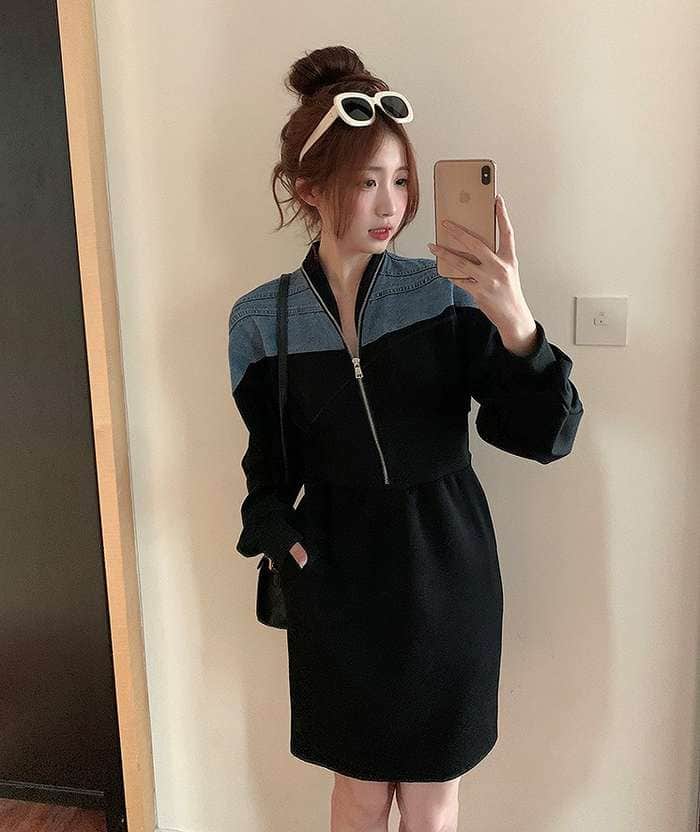 アウトレットSALE 1000円ポッキリ 大きいサイズ レディース ワンピース ハーフジップ ドッキングワンピース ミニワンピース お出かけ L XL XXL 3XL 4XL ボリューム袖 20代 30代 40代 50代 60代 韓国ファッション 太め 女性 中年 細見せのサムネイル