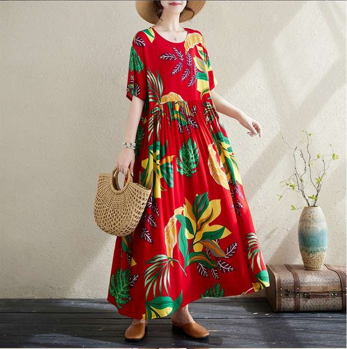 【8/28まで!!39%offクーポン対象】予約商品 大きいサイズ レディース リーフ柄プリント ロング丈 リゾート ワンピース フレア ワンピース 半袖 大人 30代 40代 50代のサムネイル