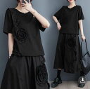 春新作 予約商品 大きいサイズ レディース セットアップ 上下セット tシャツ パンツ フリル 花 ワイドパンツ フリーサイズ 大人カジュアル