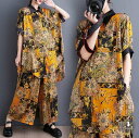 春新作 予約商品 大きいサイズ レディース 上下セット セットアップ シャツ パンツ 花柄 ボタニカル アロハ エスニック フリーサイズ 大人カジュアル