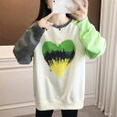 【7日まで!!ほぼ半額49%offクーポン対象】春新作 予約商品 スウェット トップス 長袖 ハートプリント カラーブロックデザイン 秋冬 グリーン グレー アイボリー 大きいサイズ レディース レディース 大人 30代 40代 50代 春服 202411