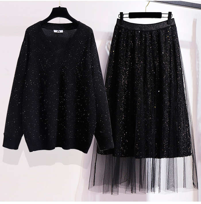 冬新作 予約商品 大きいサイズ レディース ぽっちゃりさん ラメ入りニットトップス スパンコールスカー..