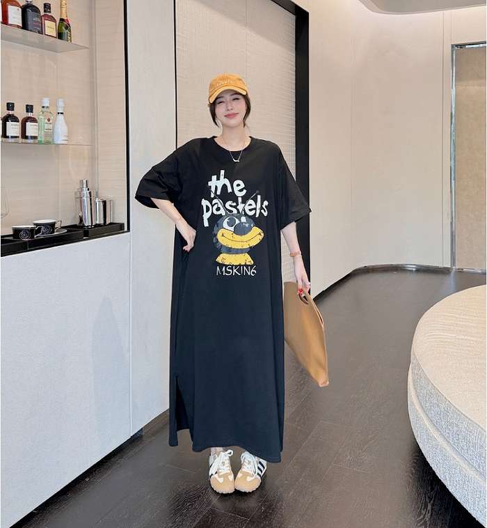 冬新作 予約商品 ワンピース ロング丈 マキシ丈 カジュアル 半袖 フロントプリント スリットディテール 大きいサイズ レディース レディース 大人 30代 40代 50代 冬服 2025春夏新作(4)