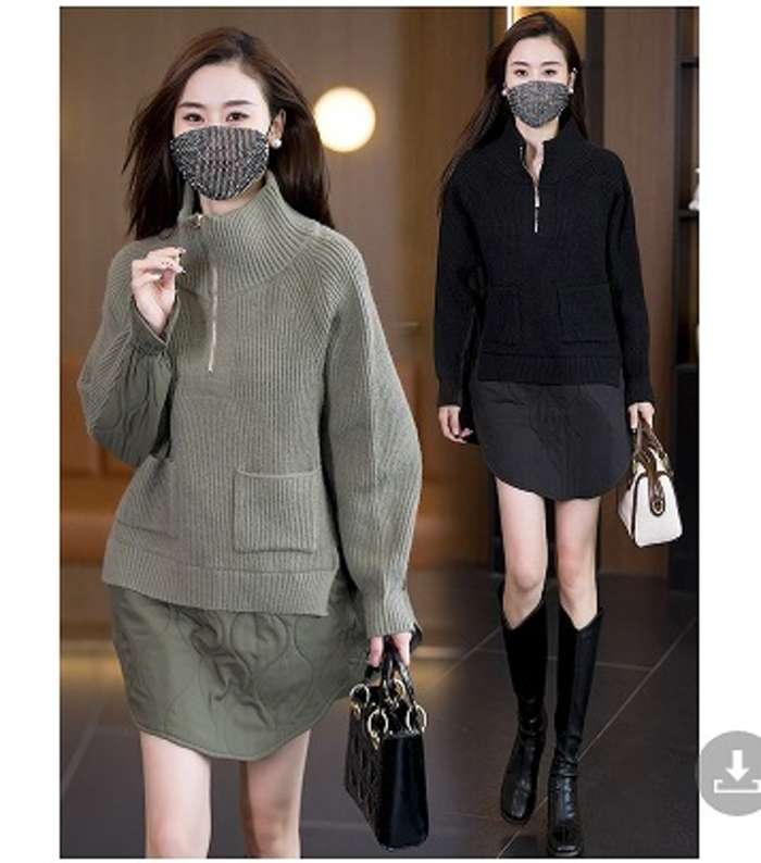 冬新作 予約商品 ニットトップス ハーフジップ キルティングスカートセットアップ 秋冬 黒 緑 大きいサイズ レディース レディース 大人 30代 40代 50代 冬服 2025春夏新作