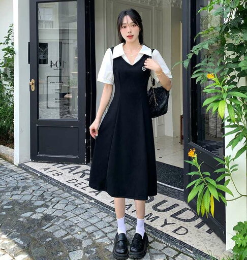 春新作 予約商品 配色襟付きワンピース 半袖 Aライン ブラック 大人可愛い 大きいサイズ レディース レディース 大人 30代 40代 50代 春服 2025春夏新作 春新作 予約商品 配色襟付きワンピース 半袖 Aライン ブラック 大人可愛い 大きいサイズ レディース レディース 大人 30代 40代 50代 春服 2025春夏新作