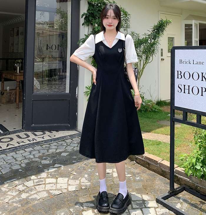 春新作 予約商品 配色襟付きワンピース 半袖 Aライン ブラック 大人可愛い 大きいサイズ レディース レディース 大人 30代 40代 50代 春服 2025春夏新作