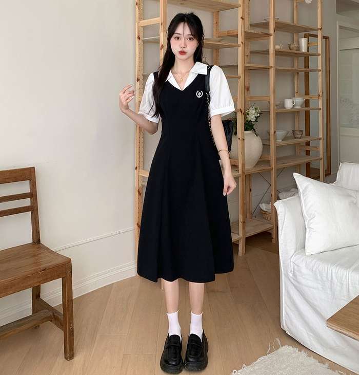 春新作 予約商品 配色襟付きワンピース 半袖 Aライン ブラック 大人可愛い 大きいサイズ レディース レディース 大人 30代 40代 50代 春服 2025春夏新作