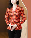 春新作 予約商品 幾何学柄シャツ Vネック オレンジ ストレッチ トップス 大きいサイズ レディース レディース 大人 30代 40代 50代 春服 2025春夏新作(4)