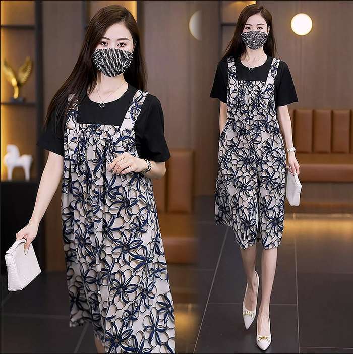 冬新作 予約商品 幾何学風花柄ジャンパースカート 半袖Tシャツセット 立体風プリント ゆったりシルエット 大きいサイズ レディース レディース 大人 30代 4...