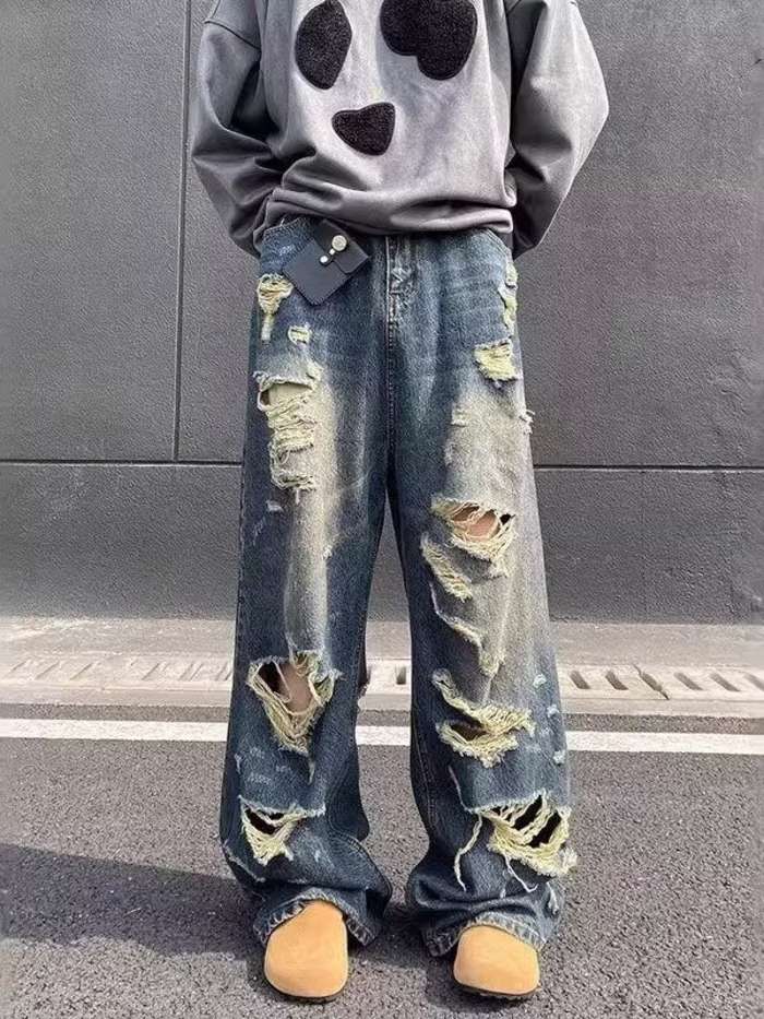 春新作 予約商品 ヴィンテージダメージデニム ワイドシルエット グランジ系 大きいサイズ レディース レディース 大人 30代 40代 50代 春服 2025春夏新作のサムネイル