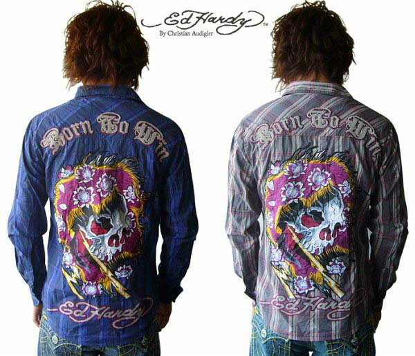 Rakuten - 送料無料 メンズ　長袖 シャツ エドハーディー Ed Hardy ビューティフルゴースト プリント チェック アメカジ　アメリカン　ロック　セレカジ　カジュアル