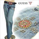 送料無料 レディース　パンツ　デニム　Gパン　ブーツカット　GUESS ゲス スタッズ ラインストーン 32インチ　大きいサイズ　ゆったり　動きやすい