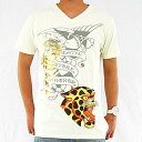 送料無料 メンズ Tシャツ Vネック エドハーディー ED Hardy Mens V-Neck Multiprint Tee with Foil-Leopard-White ed-9 レオパード ed-9