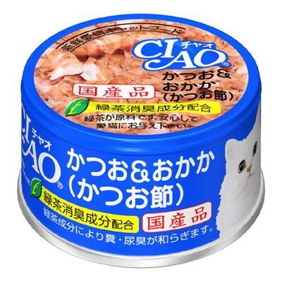 送料無料 3缶セット チャオ かつお＆おかか (かつお節) A-10 85g キャットフード ねこ 猫 エサ 缶詰 海鮮 カツオ 魚 ペットグッズ いなばペットフード オススメ お試し ウェットフード オールステージ 増粘多糖類 ビタミンE 緑茶エキス 緑茶消臭成分配合 ニオイ対策 国産品のサムネイル